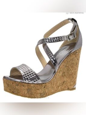 Jimmy Choo Portia Embossed Silver Cork Wedge Sandals Size 38